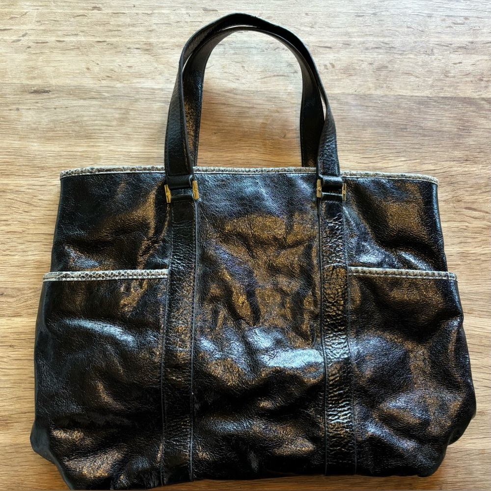 Tory Burch Black Leather Python Trimmed Tote Bag - image 2